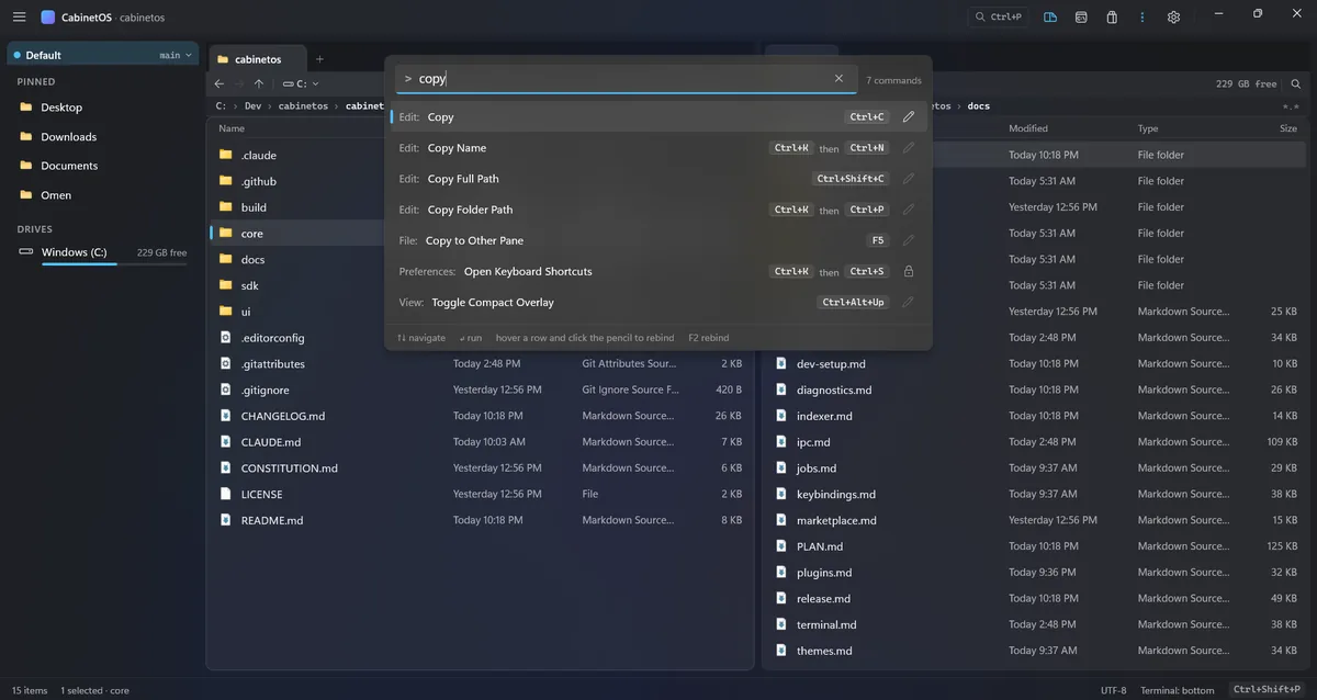 The command palette filtered to the copy commands, each with its shortcut