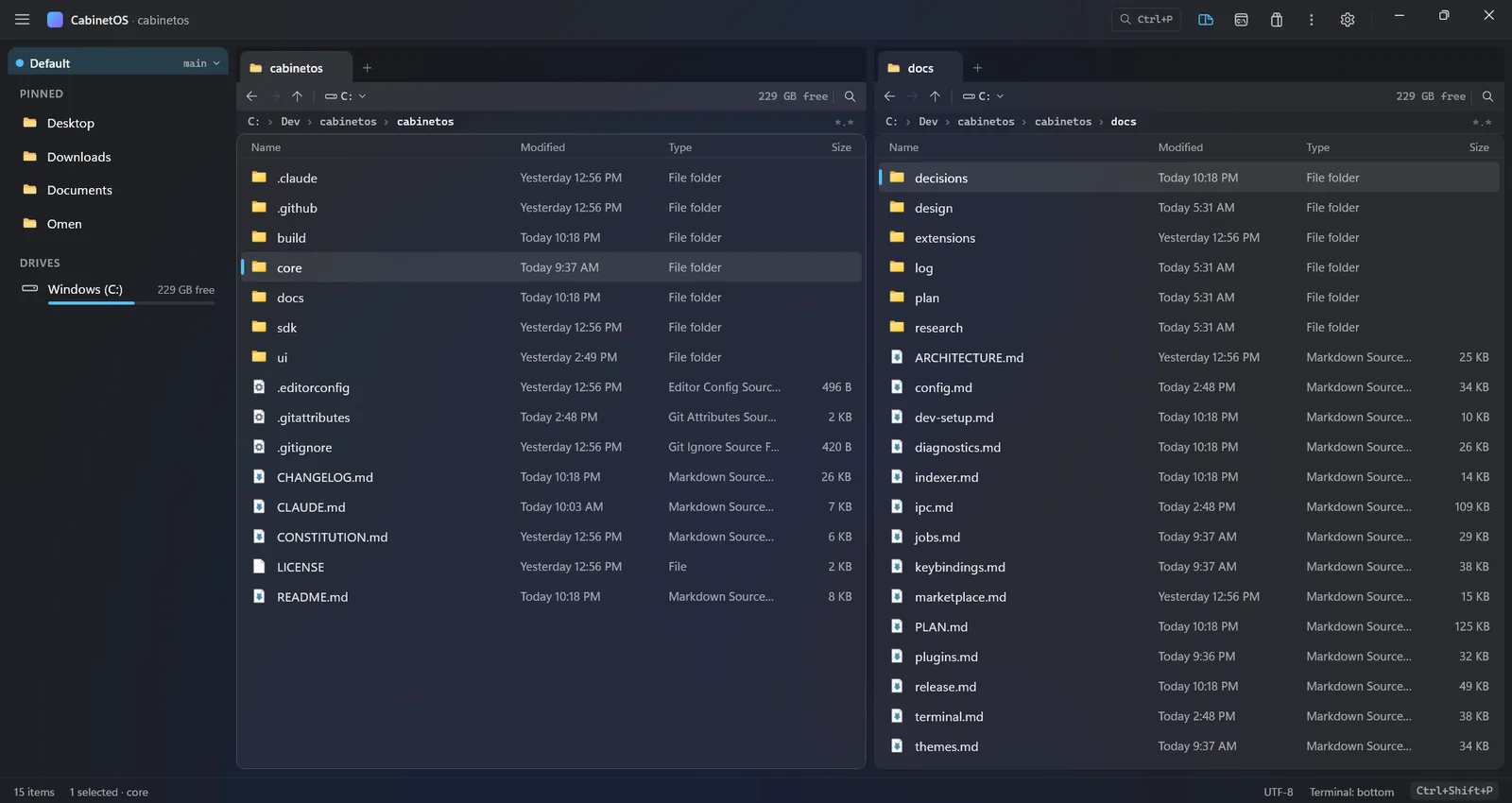 CabinetOS: two file panes side by side, each with tabs and a breadcrumb path, and the sidebar with pinned folders and drives