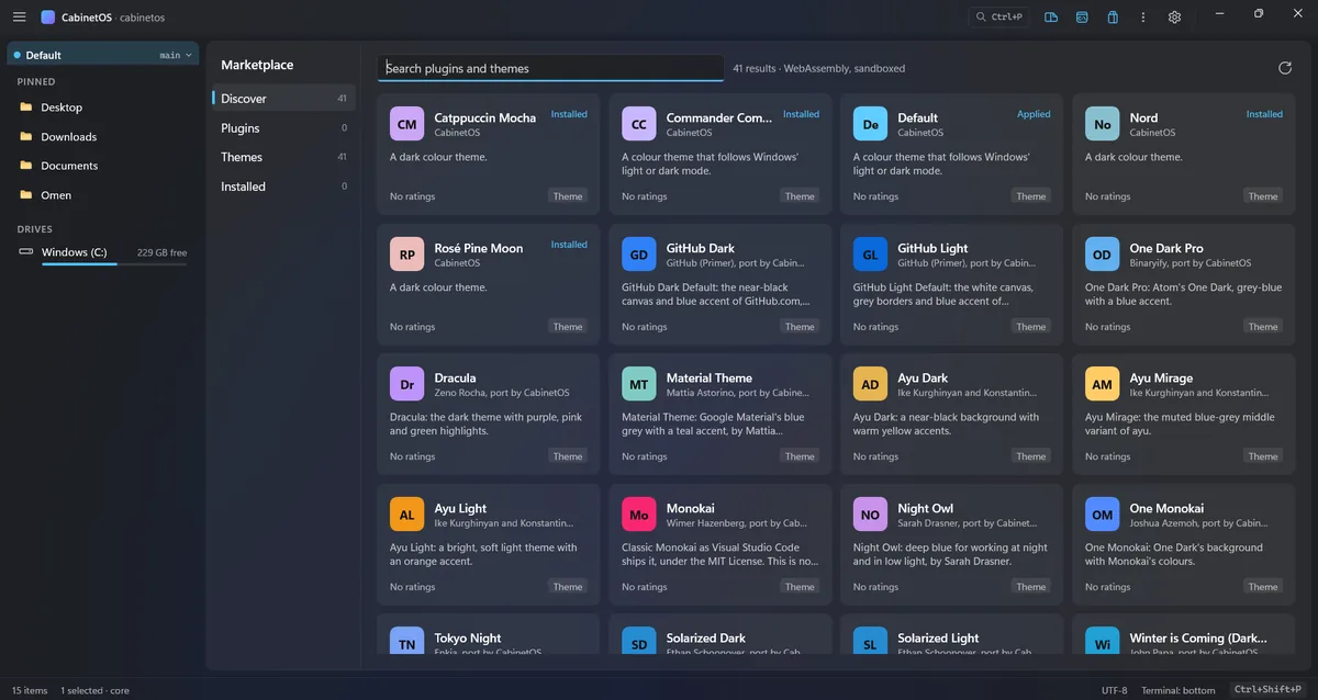 The marketplace view listing colour themes