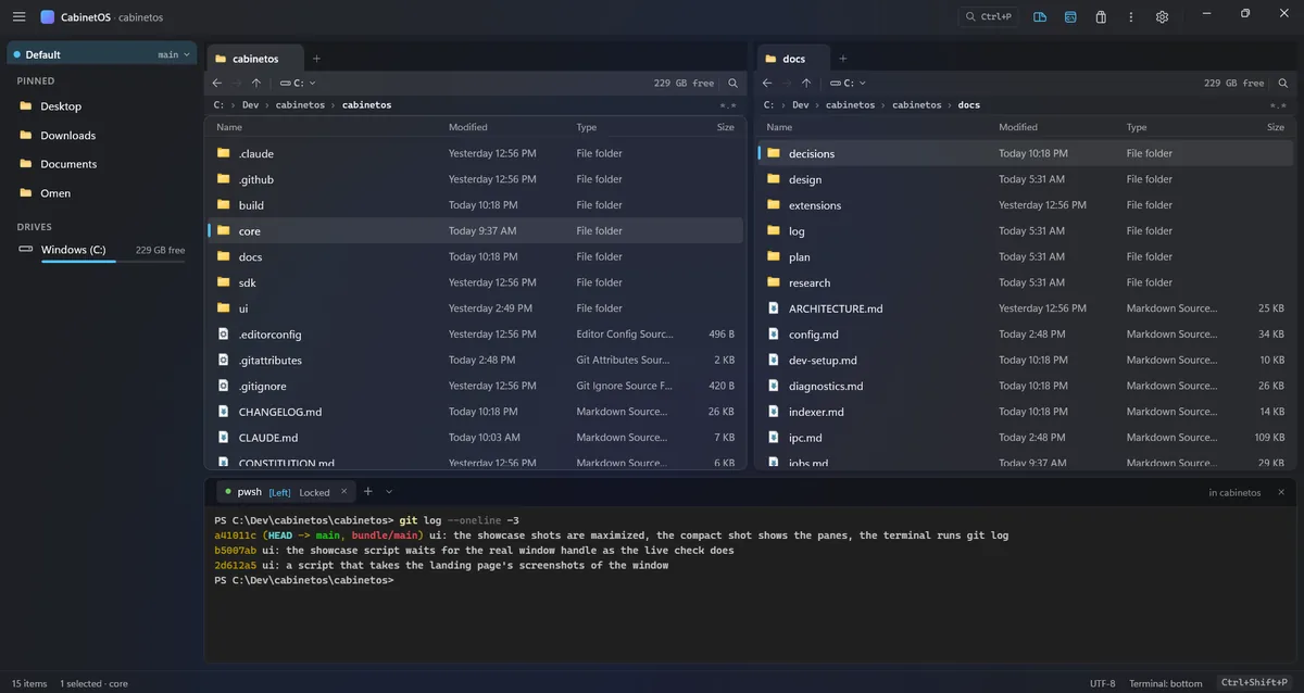 The terminal dock below the file panes, running git log
