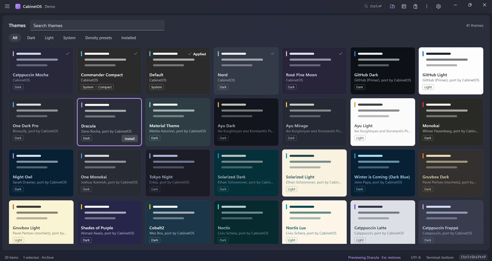 The theme gallery: every theme as a tile in its own colours; Dracula is selected and previewed on the whole window, and Esc restores